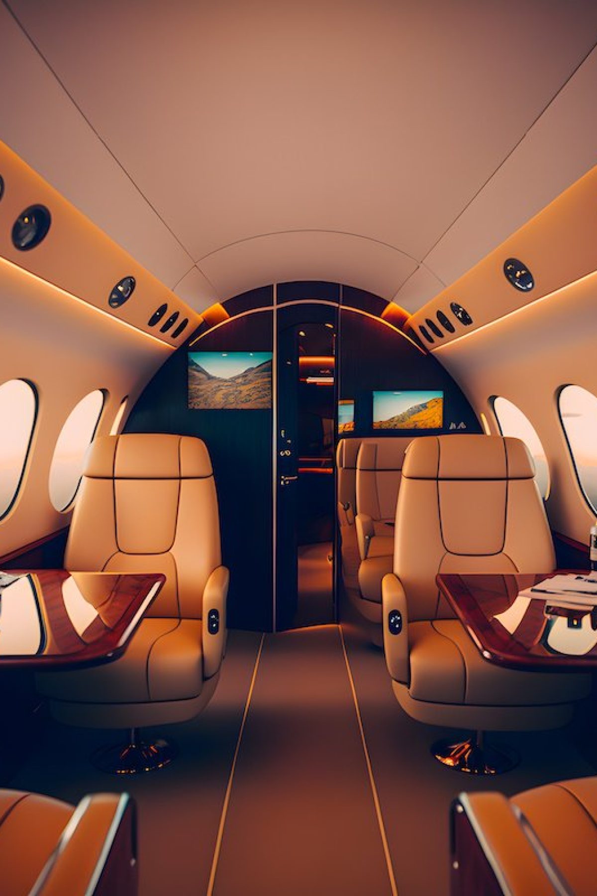 luxury interior in the modern business jet and sunlight table with booze and cutlery, food in flight clouds through the porthole. Generative AI