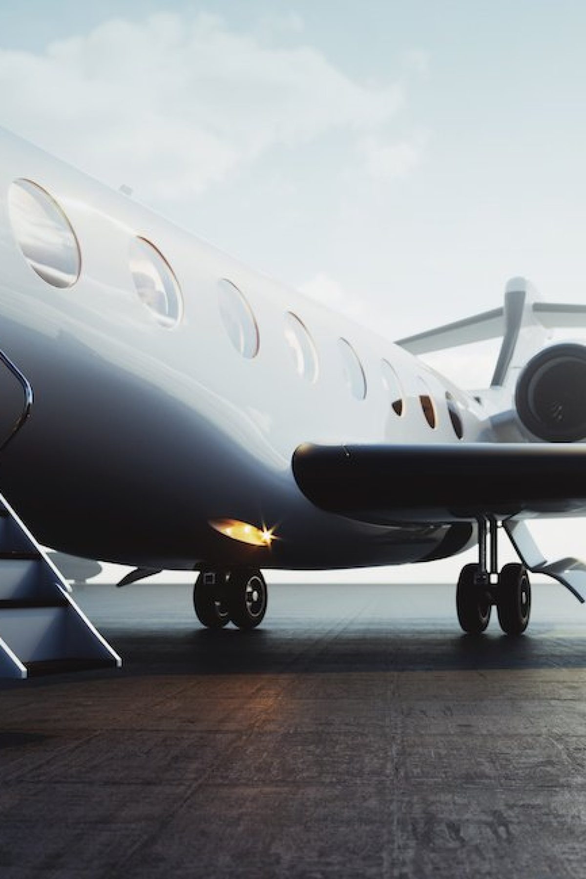 Closeup view of private jet airplane parked at outside and waiting business persons. Luxury tourism and business travel transportation concept. 3d rendering